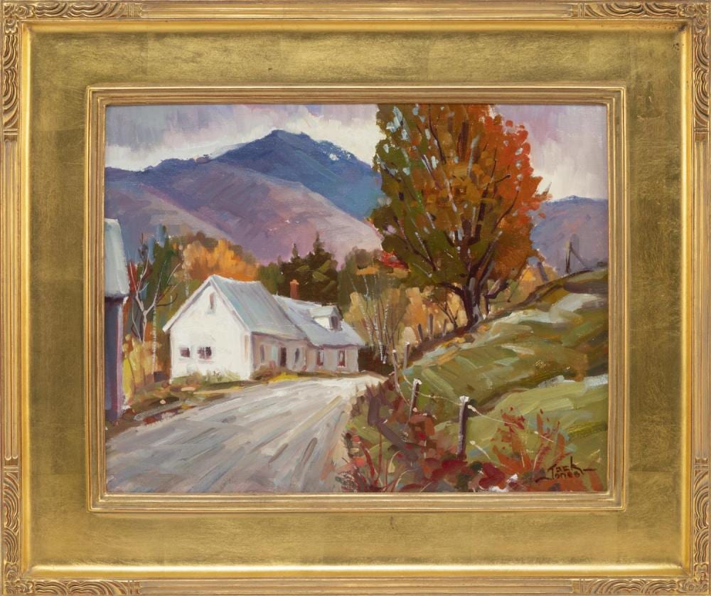 Jack Jones comparable auction result: jack jones massachusetts 1940 2011 autumnal mountain scene with a white house oil on board 14 x 18 framed 21 x 25