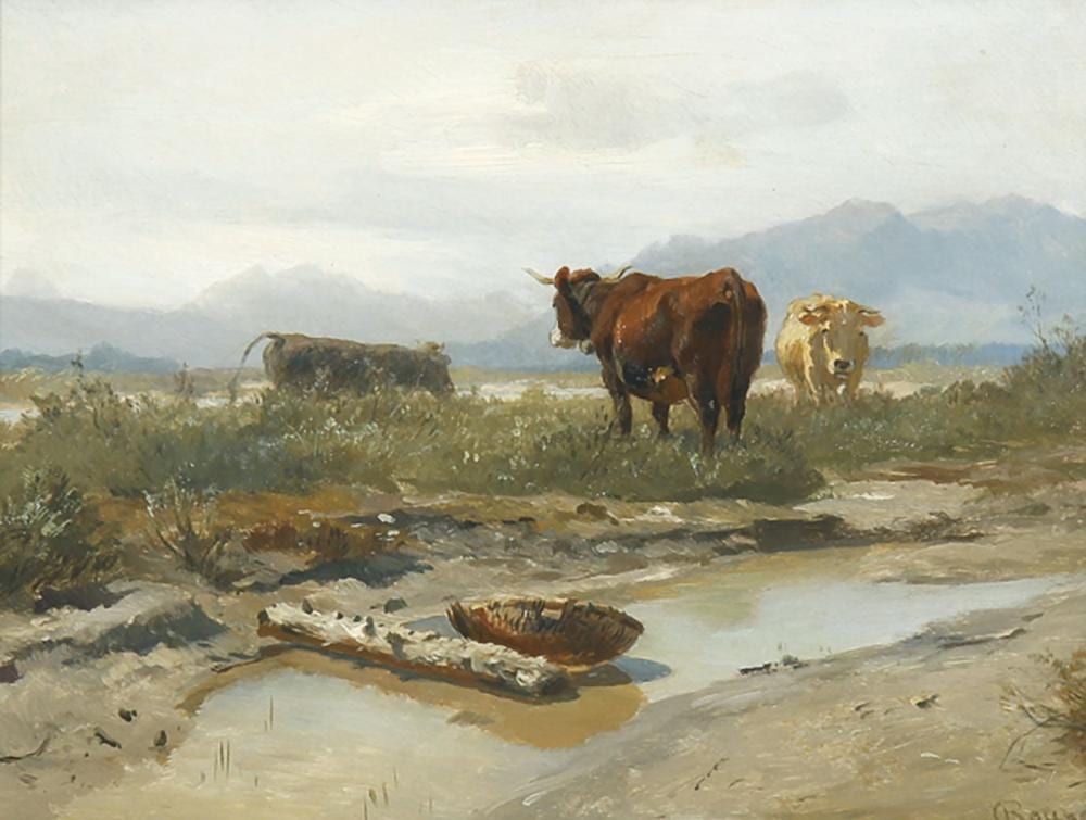Karl Roux comparable auction result: carl roux voralpenlandschaft mit k hen an einem seichtem t mpel