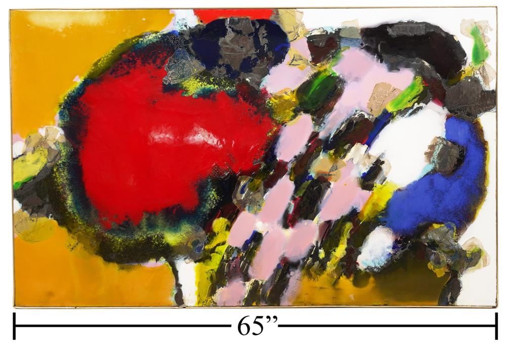 Abstract painting with thick multicolor brushstrokes on a yellow background, featuring red, blue, green, white, and black forms.