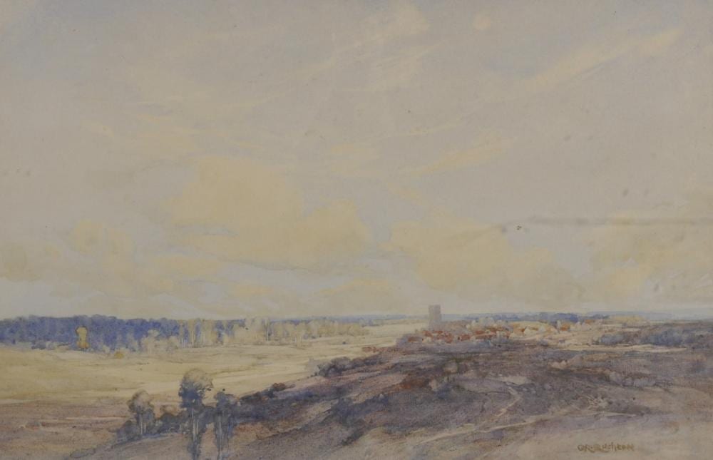 George Robert Rushton comparable auction result: george robert rushton 1869 1947 british a town above a river with a distant view of a church watercolour signed and inscribed on the mount 13 5 x 20 5