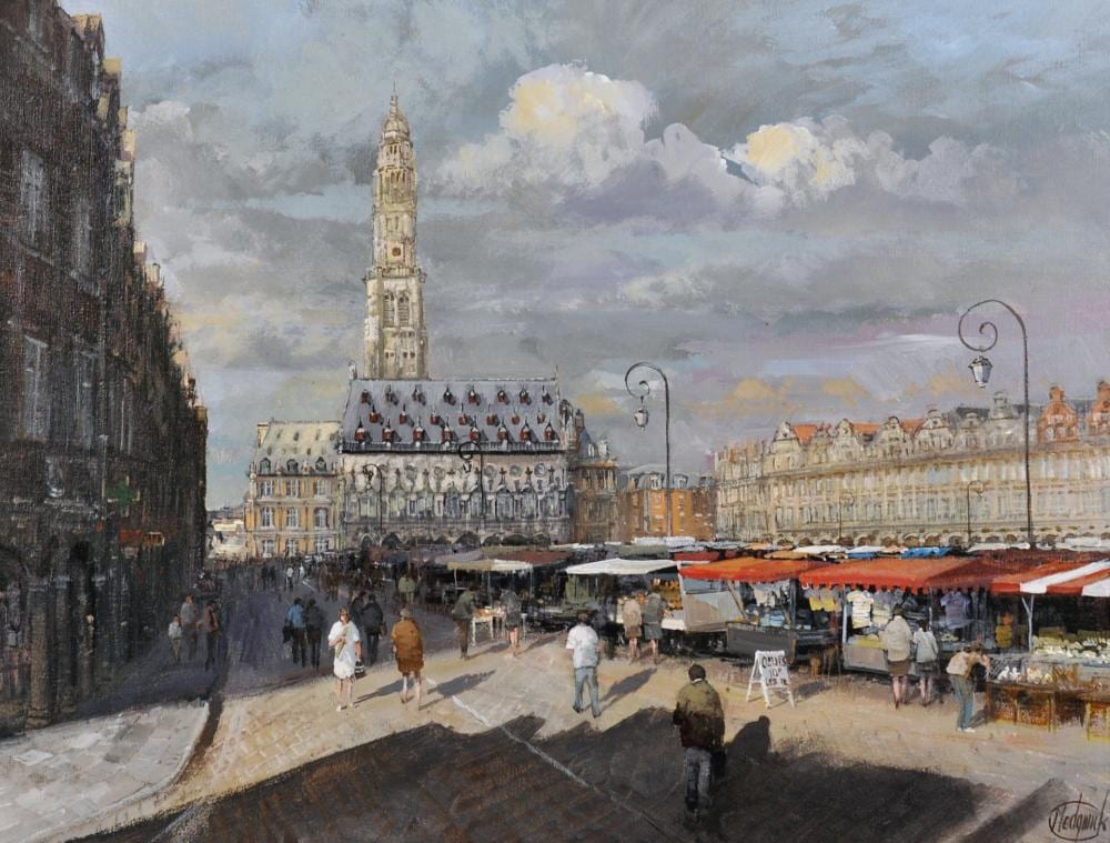 Clive Madgwick (1934-2005) British. The Square, Market Day , Arras , with Figures by the Market Stalls, Oil on Canvas, Signed, Inscribed on a label on the reverse, and Stamped and Dated 1991 on the stretcher, 14 x 18 . sold by John Nicholson's Fine Art Auctioneers & Valuers, lot 239 — auction record photograph