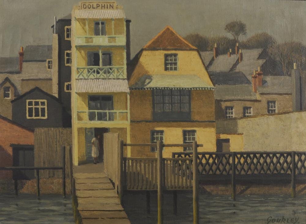 Alan Stenhouse Gourley comparable auction result: alan stenhouse gourley 1909 1991 british houses by a jetty in hastings oil on canvas signed 18 x 24
