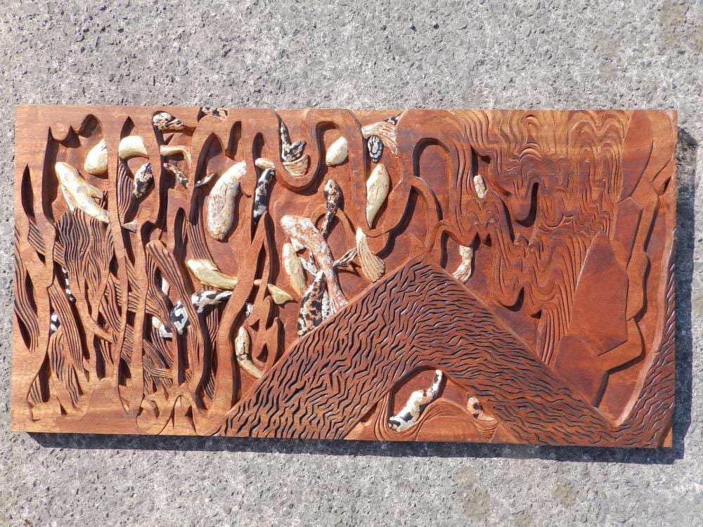 David West comparable auction result: david west born 1939 fish pond carved gilded mahogany panel in the japanese taste 17 x
