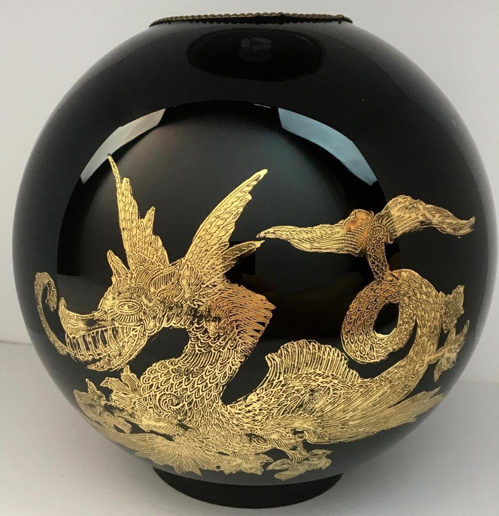 RARE Antique Victorian Gilt Dragon Kerosene Oil Chinese Japanese Lamp Oxblood Glass GWTW Shade sold by One Source Auctions, lot 104 — auction record photograph