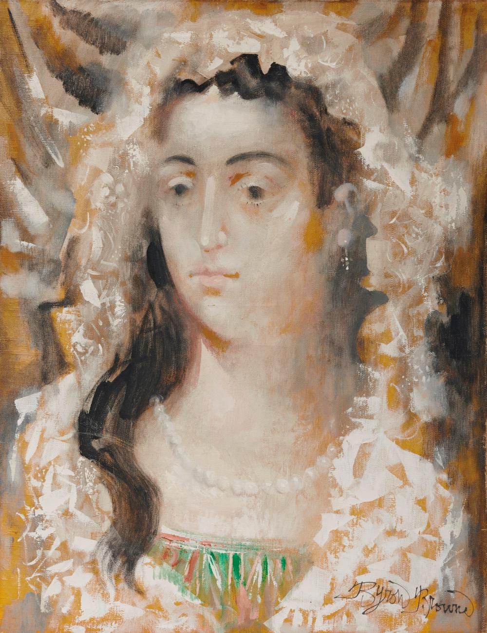 BYRON BROWNE, (American, 1907-1961), The Bride, 1960, oil on canvas, 26 x 20 in. sold by Grogan & Company, lot 122 — auction record photograph