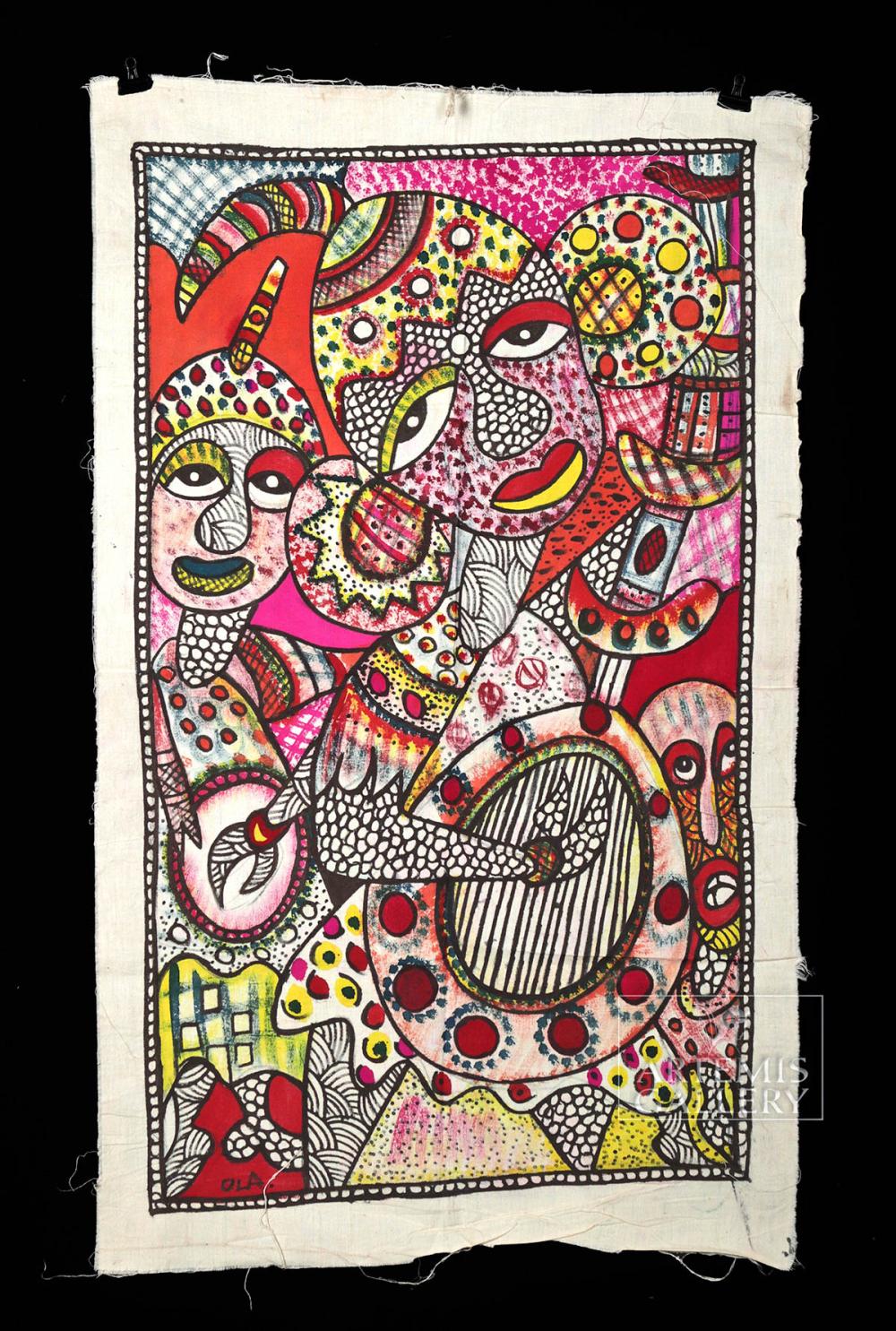 Signed 20th C. African Fabric Painting Musicians Ola sold by Artemis Gallery, lot 45 — auction record photograph