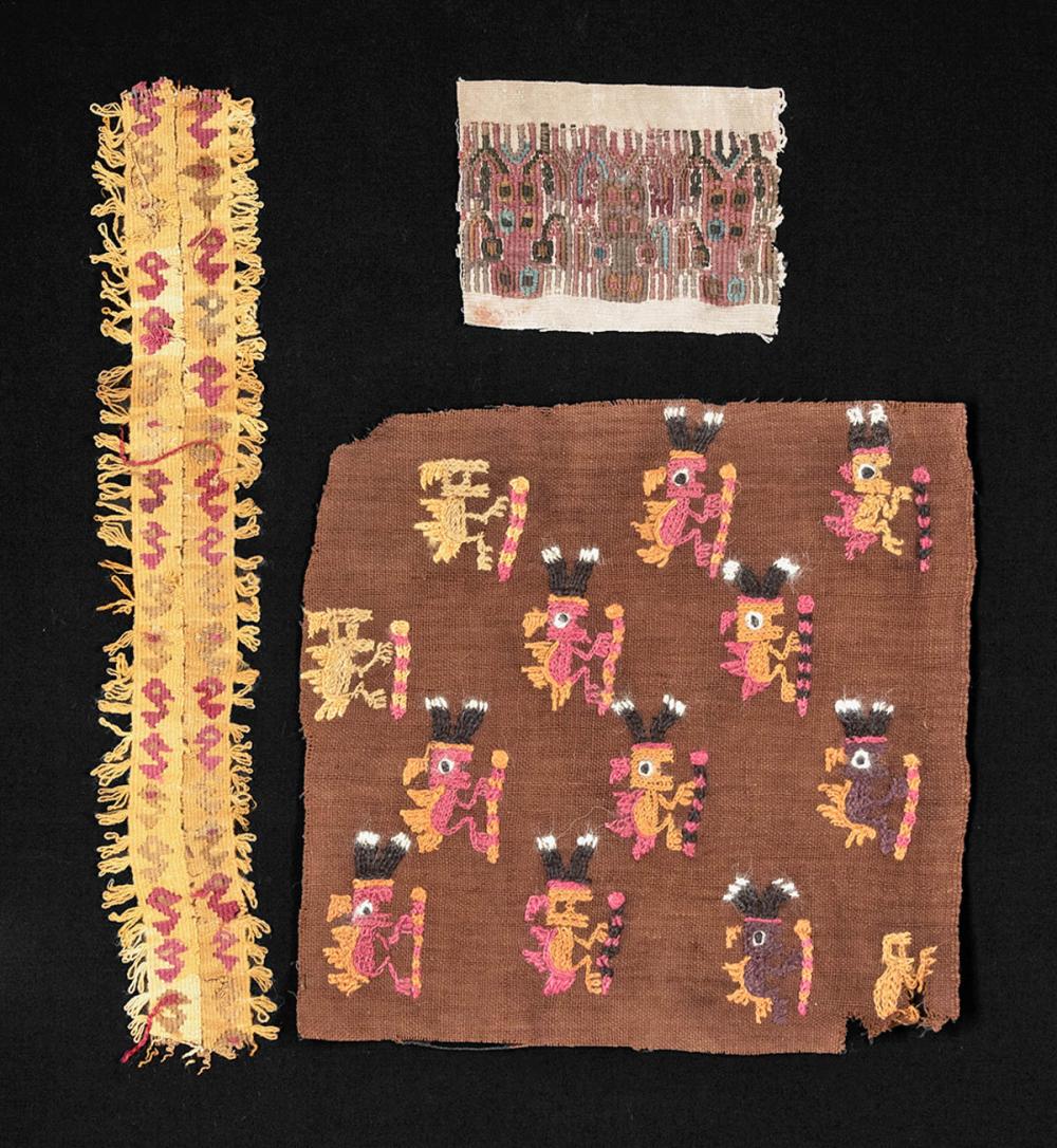 Lot of 3 Ancient Peruvian Polychrome Textile Fragments sold by Artemis Gallery, lot 133 — auction record photograph