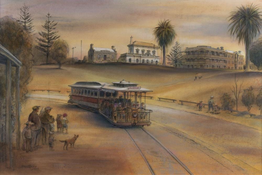 KENNETH JACK (1924-2006), Waterfront Tram, Portland (Vic.), watercolour, signed lower left "Kenneth Jack, 2006", Greythorn Galleries Fine Art valuation verso ($5,000), 36 x 54cm sold by Leski Auctions Pty Ltd, lot 899 — auction record photograph