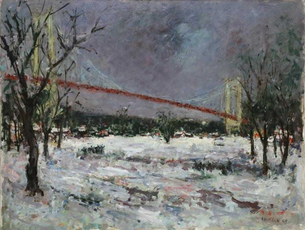 Joseph Raumann comparable auction result: joseph raumann 1908 1999 le pont de tancarville sous la neige huile sur toile sign e en bas droite et dat e au dos 69 50 cm x 65 cm
