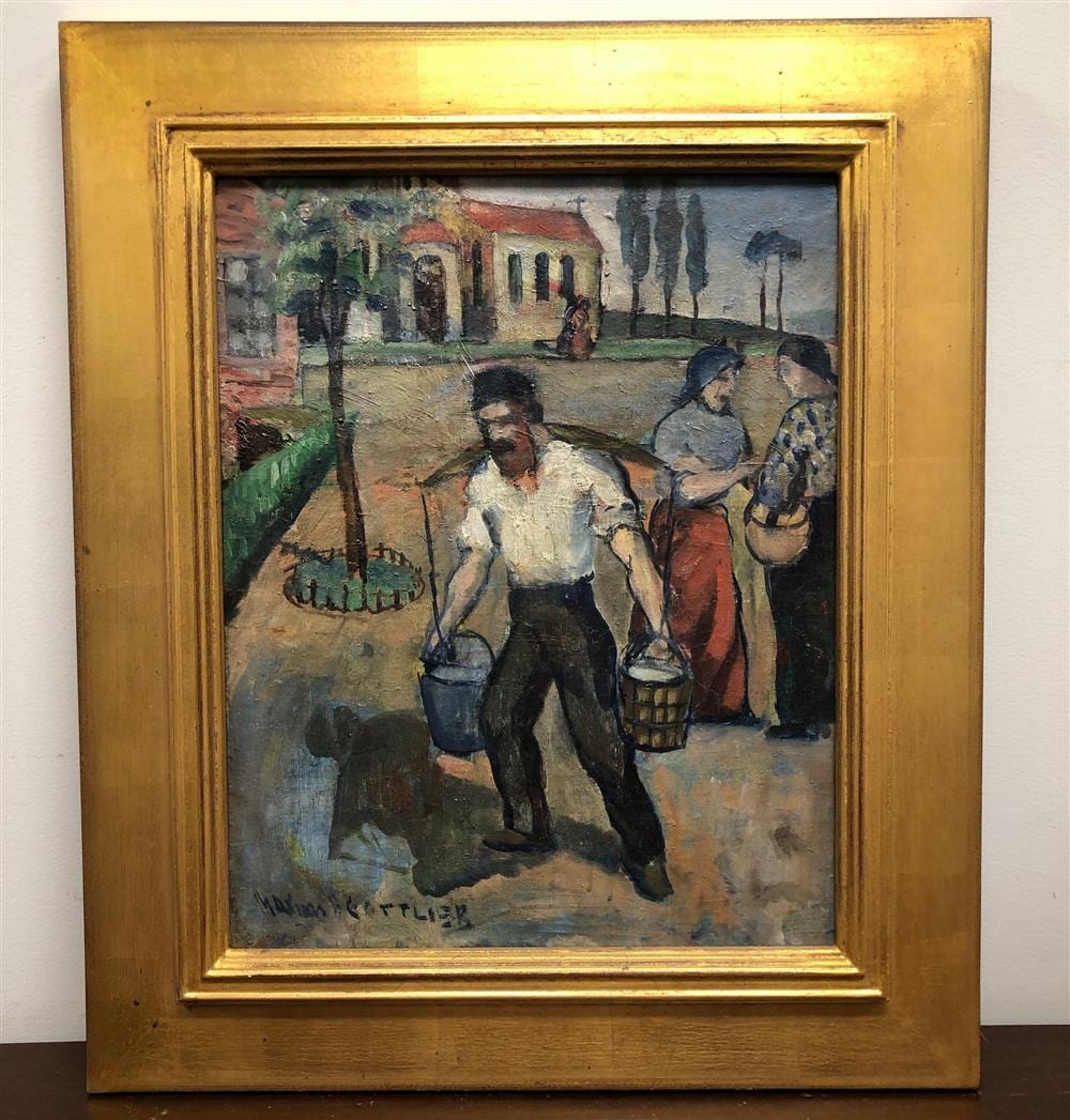 maxim gottlieb 1903 1977 oil on canvas village scene with man carrying water signed lower left image size 15 x 19 5 · Apple Tree Auction Center · 2020-05-27 Maxim Gottlieb comparable auction result: maxim gottlieb 1903 1977 oil on canvas village scene with man carrying water signed lower left image size 15 x 19 5