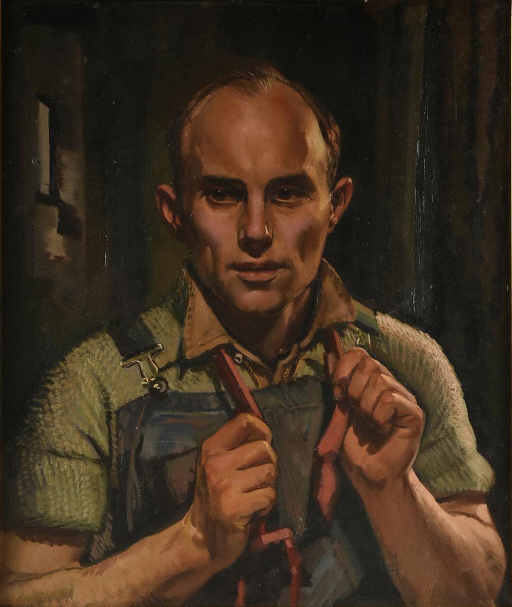 after EDWARD HOPPER (American 1882-1967) A PAINTING, "Portrait of a Man in Overalls and Cable Knit Sweater," sold by Simpson Galleries, LLC, lot 317 — auction record photograph