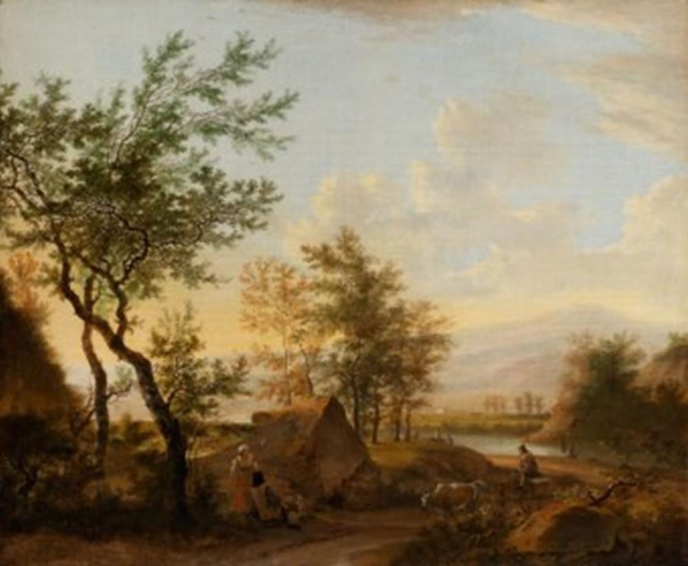 Willem de Heusch comparable auction result: willem de heusch utrecht 1625 1692 a pastoral landsacape with peasants and cattle at dusk