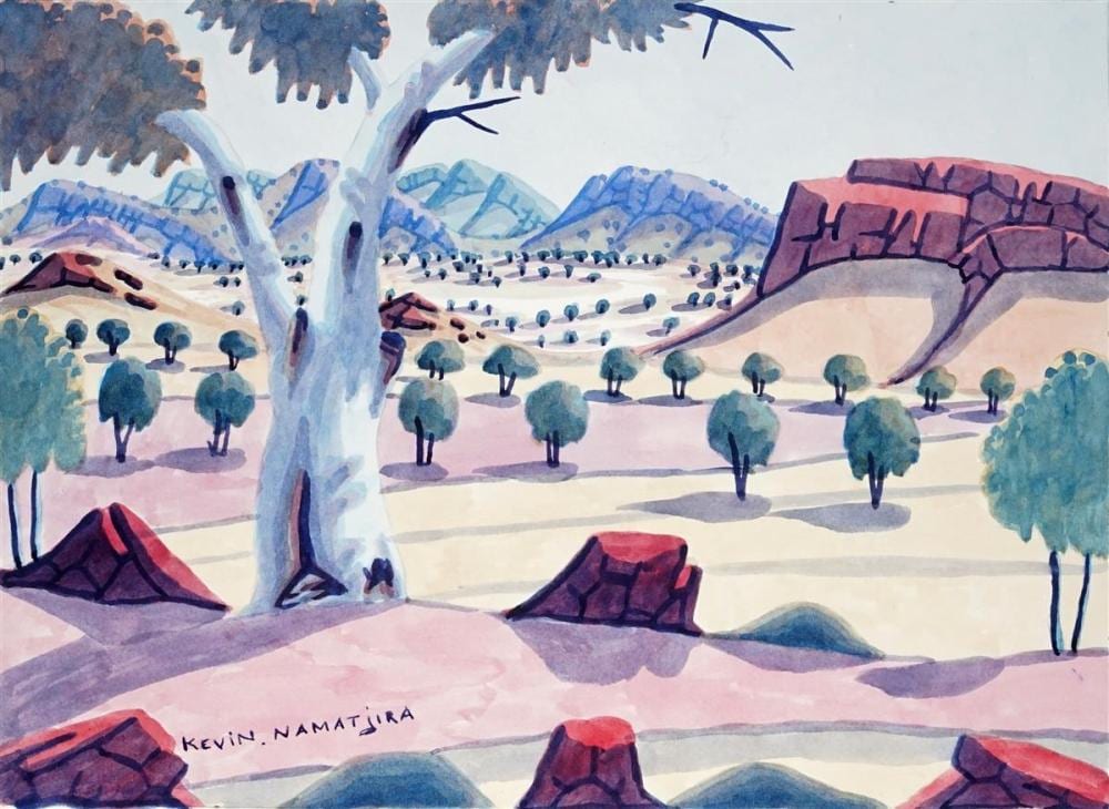 Kevin Namatjira comparable auction result: kevin namatjira 1958 central australia landscape 26 x 36 cm