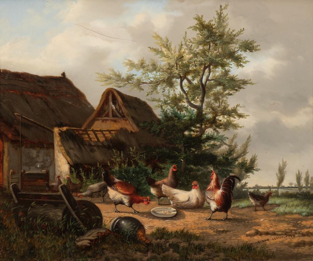 farm yard with chickens and a rooster · Adams Amsterdam Auctions · 2020-06-22 Johann Lodewijk van Leemputten comparable auction result: farm yard with chickens and a rooster
