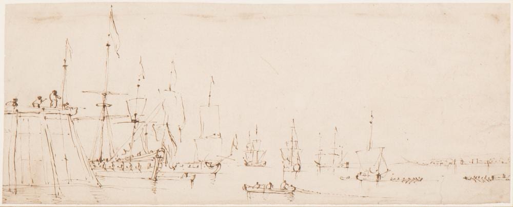 Willem van de (1633) Velde comparable auction result: 17th century drawing of boats in harbour