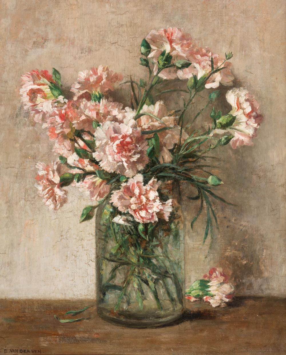 Emanuel Ernst Gerardus van der Ven comparable auction result: delicate still life with pink carnations