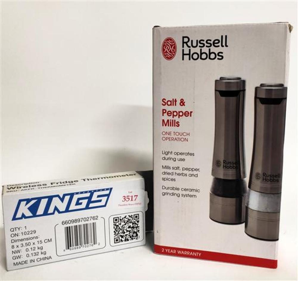 A. Mills comparable auction result: a wireless fridge thermometer marked kings plus one touch salt pepper mills marked russel hobbs