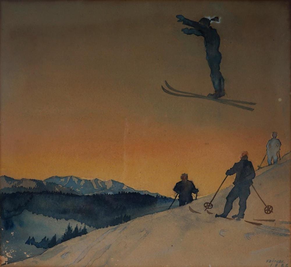 Hermann Keimel comparable auction result: hermann keimel 1889 1948 ski stunt 1922 34 5 x 37 5 cm frame 45 x 48cm