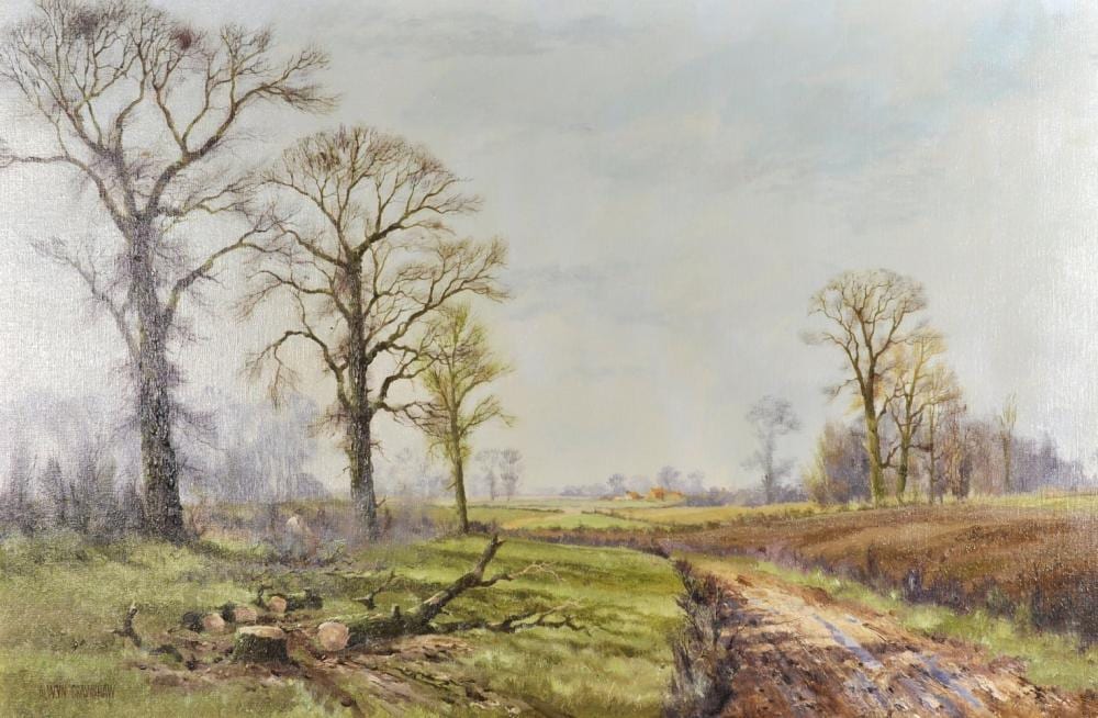 Alwyn Crawshaw comparable auction result: alwyn crawshaw 1934 british an open landscape with a figure burning wood oil on canvas signed 24