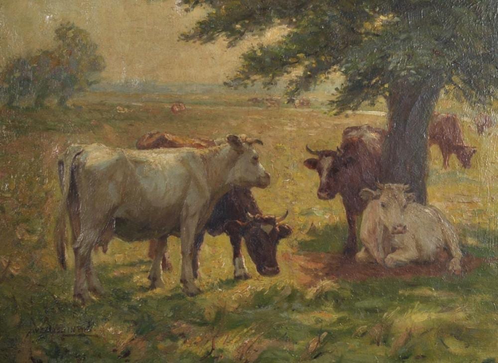 William Evans Linton comparable auction result: william evans linton 1878 c 1956 british summertime a river landscape with cattle oil on canvas signe