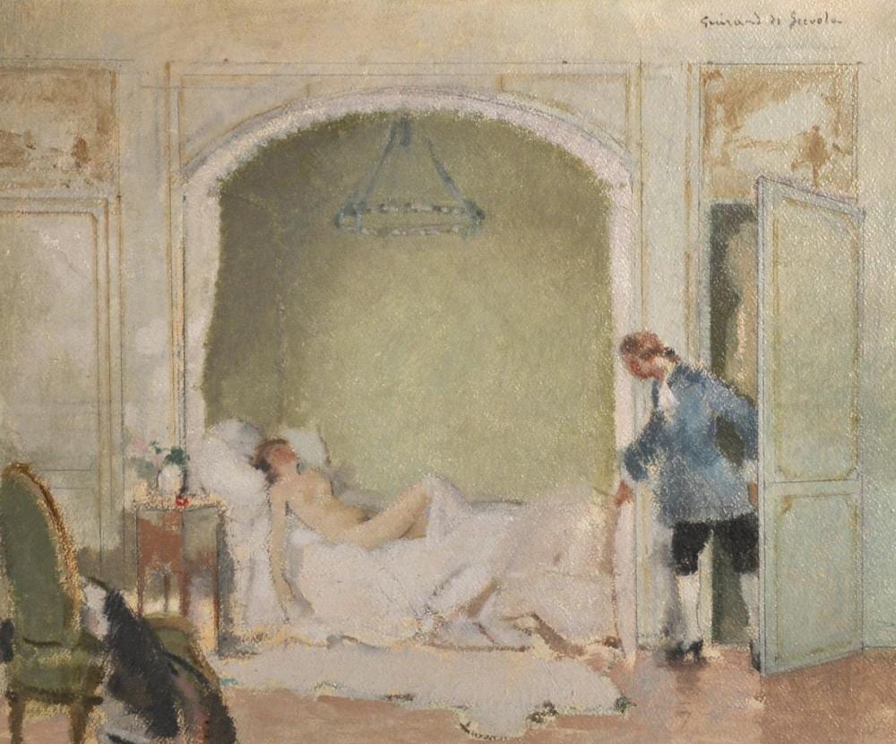 lucien victor guirand de scevola 1871 1950 french gentleman observing a reclining nude signed oil on boar · John Nicholson's Fine Art Auctioneers & Valuers · 2020-06-12 Lucien-Victor Guirand de Scevola comparable auction result: lucien victor guirand de scevola 1871 1950 french gentleman observing a reclining nude signed oil on boar