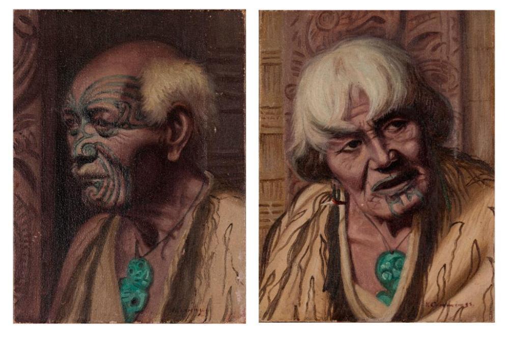 Two side-by-side portraits of an older man with facial tattoos, shown in warm tones against an interior background.