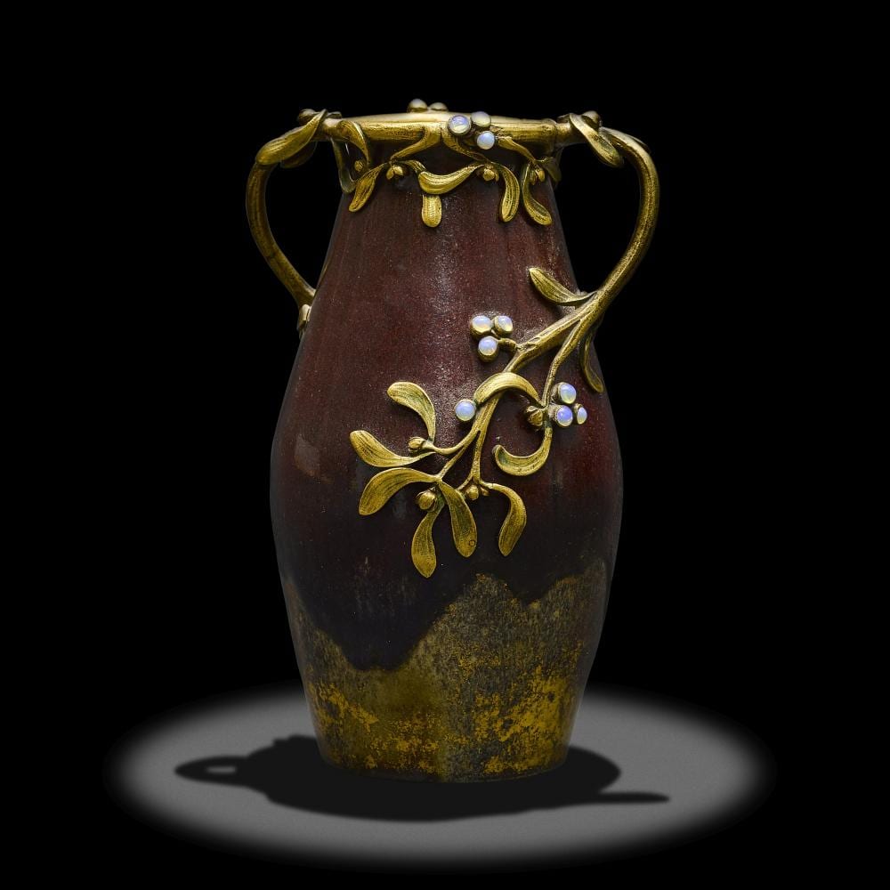 Emile Muller comparable auction result: glazed ceramic vase with bronze decoration with opals by emile muller