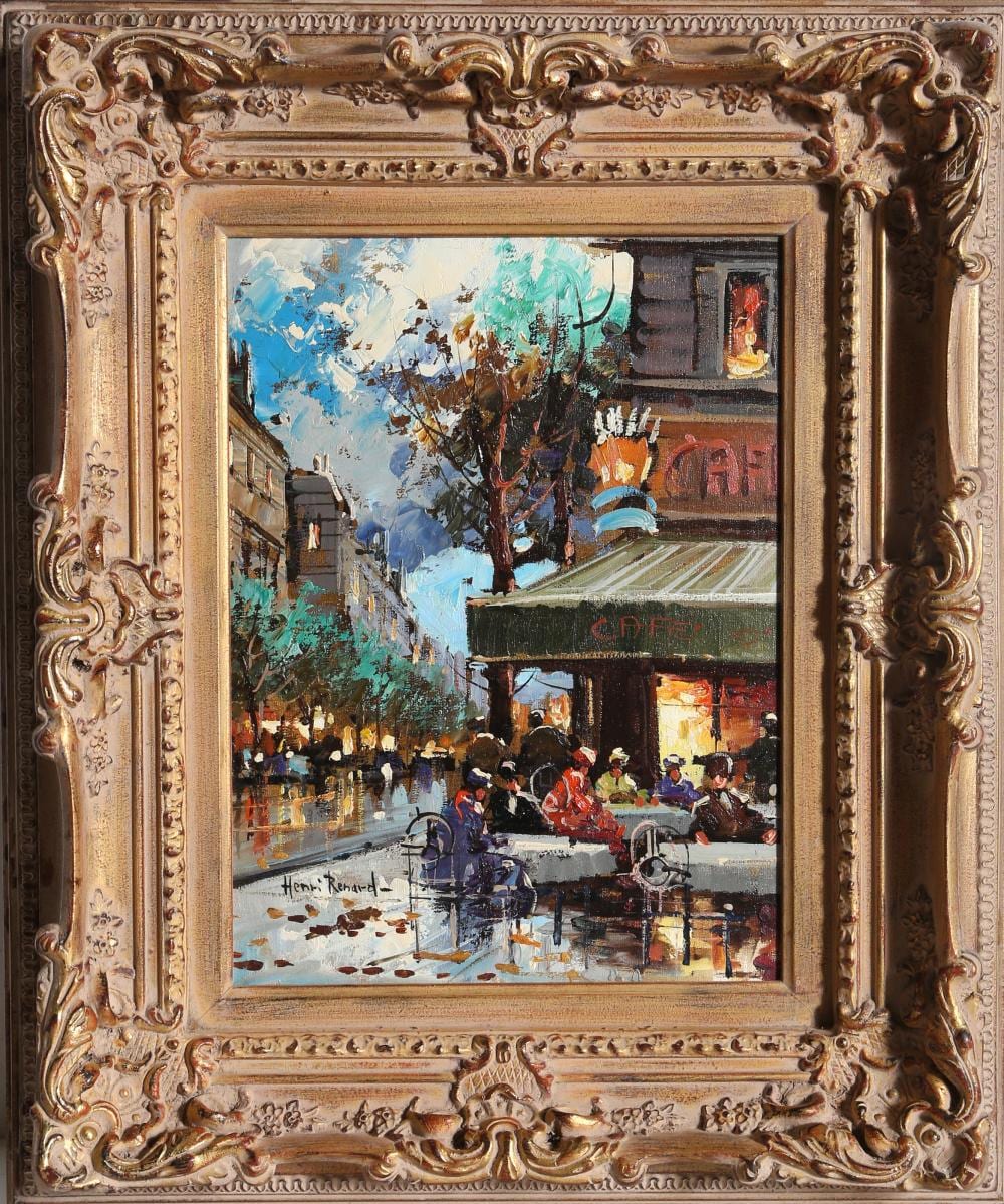 Henri Renard comparable auction result: henri renard french cafe oil painting mounted to wood