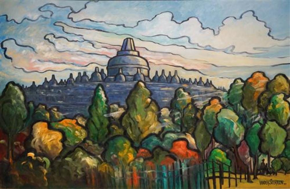 John Van der Sterren comparable auction result: john van der sterren dutch new zealander b 1938 borobudur oil on canvas dated august 1999 frame 54 x 81 in