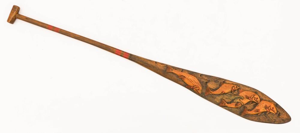 simon charlie 1919 2005 cowichan salmon paddle painted cedar 56 x6 · MBA Seattle Auction LLC · 2020-06-25 Simon Charlie comparable auction result: simon charlie 1919 2005 cowichan salmon paddle painted cedar 56 x6
