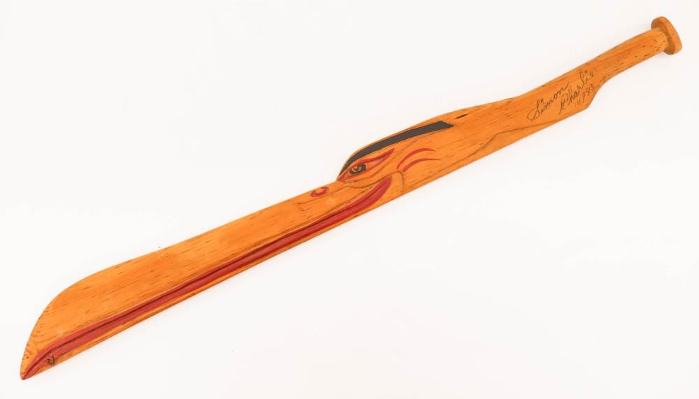 simon charlie 1919 2005 cowichan heron club 1983 painted cedar 31 x2 5 · MBA Seattle Auction LLC · 2020-06-25 Simon Charlie comparable auction result: simon charlie 1919 2005 cowichan heron club 1983 painted cedar 31 x2 5