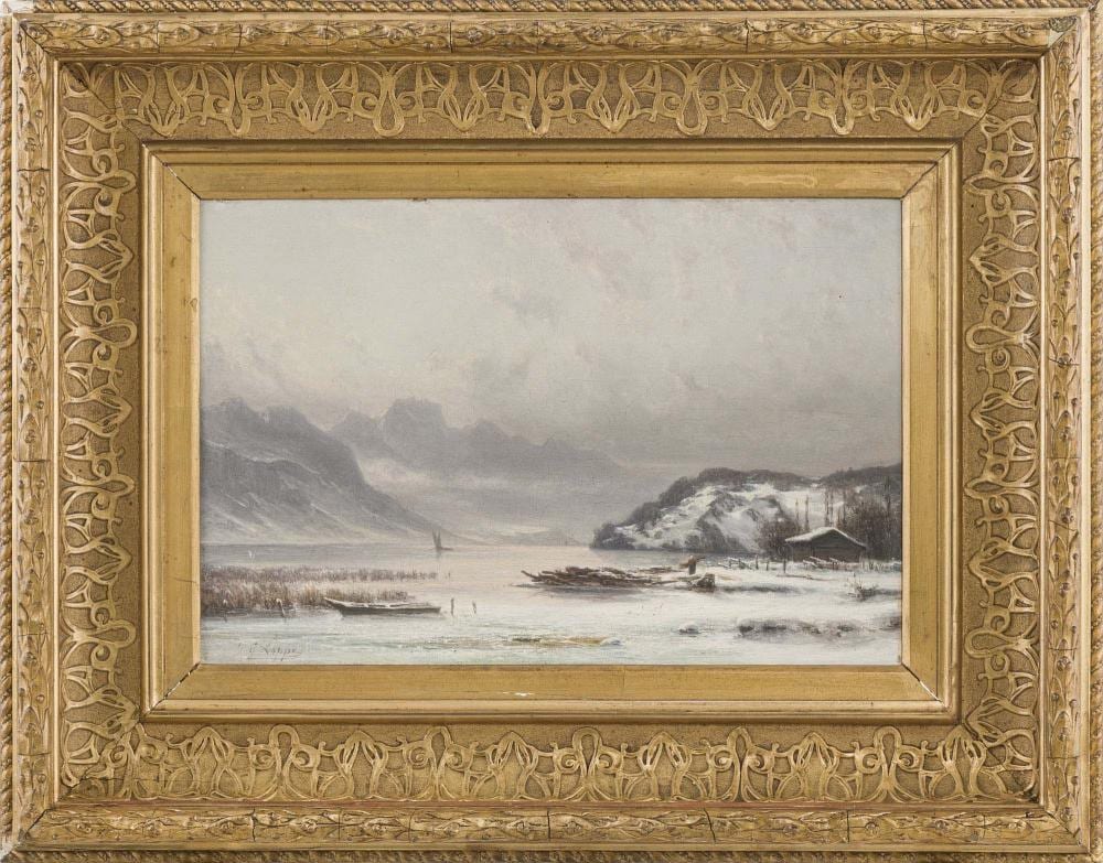Gabriel Loppé comparable auction result: gabriel lopp 1825 1913 bord de lac sous lac neige sur fond montagneux huile sur panneau sign e 29x40 cm