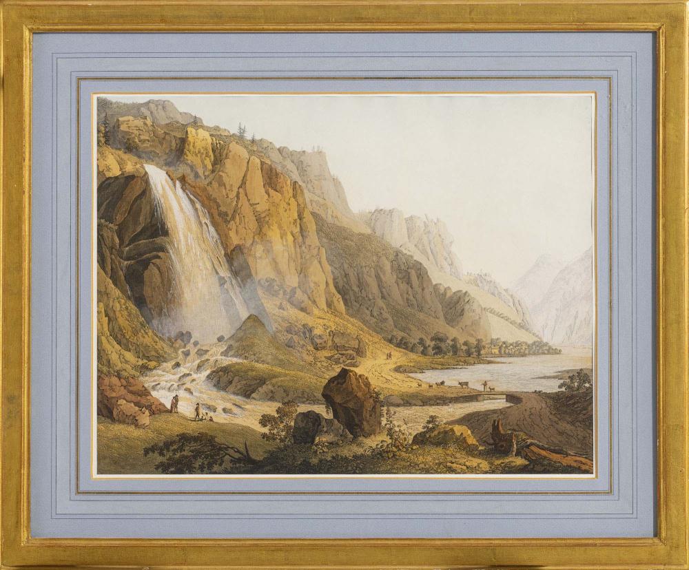 Jean Antoine Linck comparable auction result: jean antoine linck 1766 1843 vue de la cascade de pissevache 2 gravures aquarell e 46x57 cm