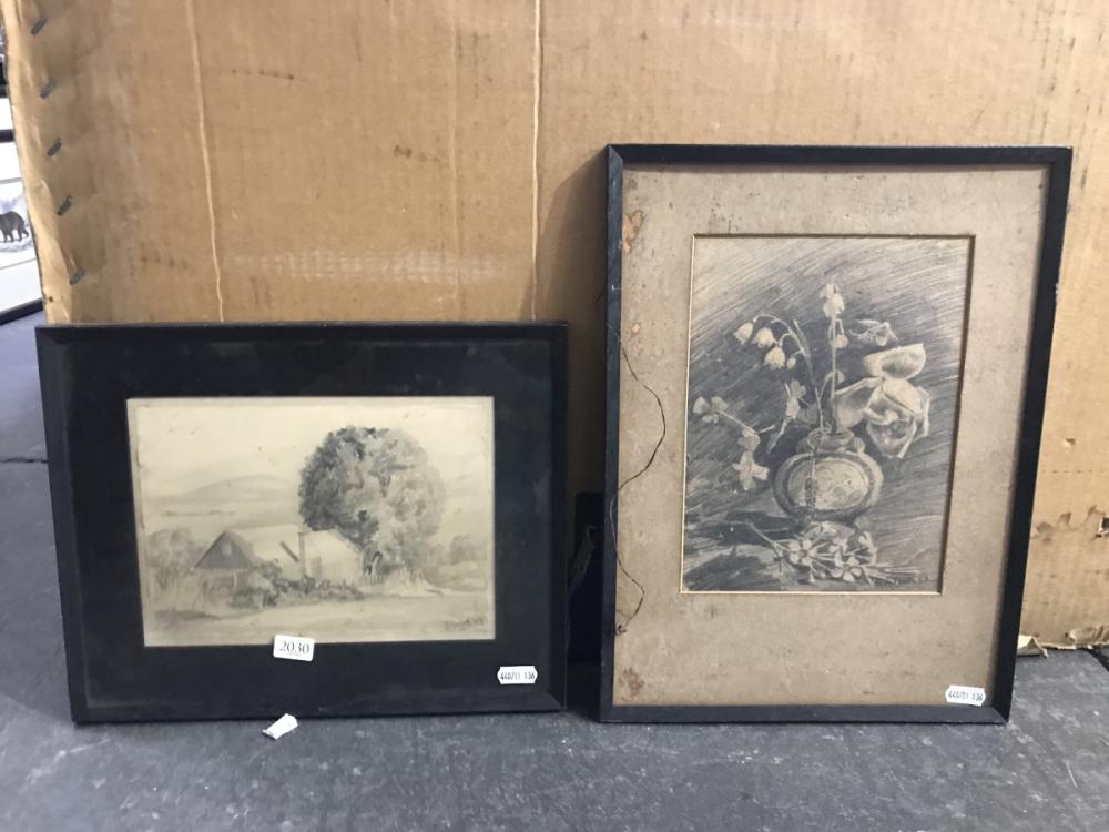 Allon Cook (1907 - 1971) (2 works) "Still Life, 1932 & Country Cottage, 1933" graphite on paper, 37 x 27cm;25.5 x 32cm, each signed. sold by Lawsons, lot 2030 — auction record photograph