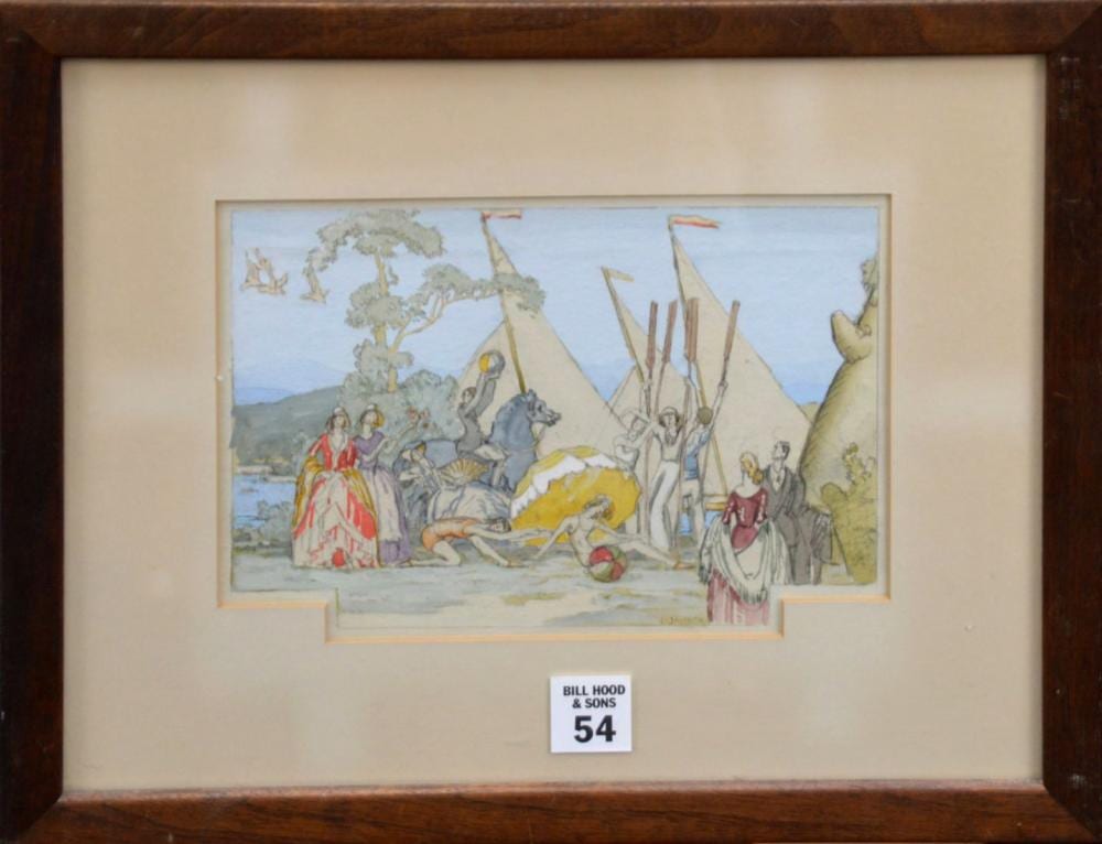 Louis Jambor comparable auction result: louis jambor hungarian 1884 1955 watercolor gouache signed lower right landscape multiple figures and activities painting size 5 1 2 x 8 inches