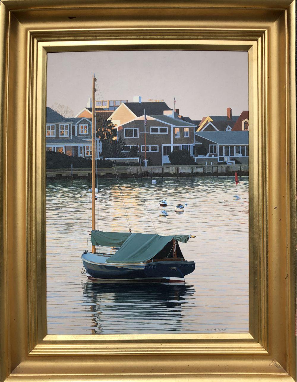 Michael J. Harrell Oil on Artist Board "Catboat Dipper in Nantucket Harbor" sold by Rafael Osona Auctions, lot 112 — auction record photograph
