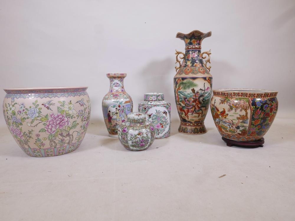 A collection of Chinese ceramics, famille verte jar and cover, canister and two fish bowls, largest vase 24" high, C20th sold by Crow's Auction Gallery Ltd, lot 282 — auction record photograph
