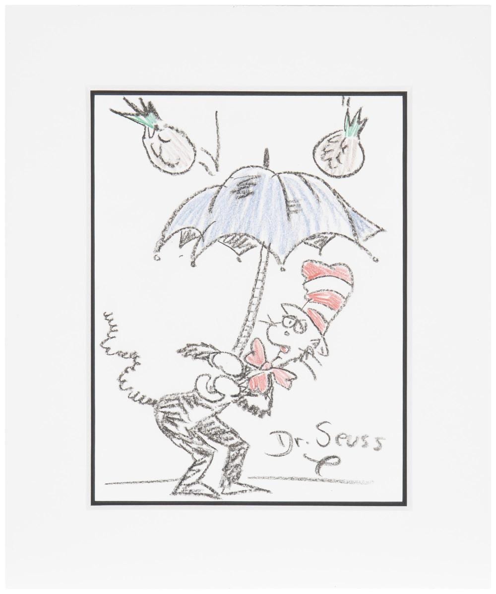 Theodore VanSoelen comparable auction result: theodor dr seuss geisel 1904 1991 la jolla ca cat in the hat 32 crayon on paper under plexiglas sight 10 75 h x 8 w