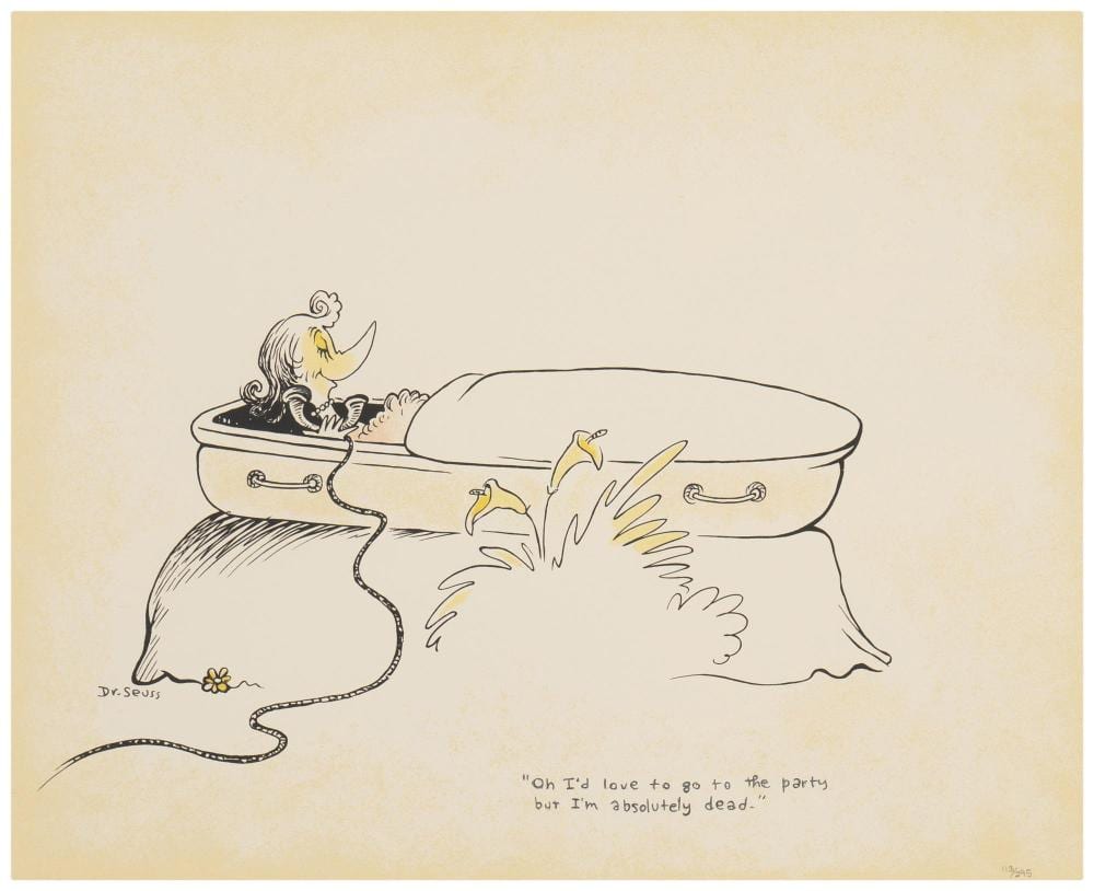 Theodore VanSoelen comparable auction result: theodor dr seuss geisel 1904 1991 la jolla ca oh i d love to go to the party but i m absolutely dead lithograph in color