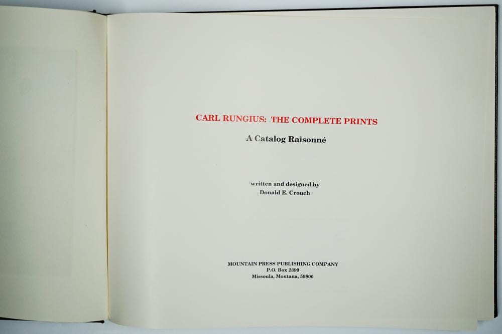 Open art book showing a title page with the text “CARL RUNGIUS: THE COMPLETE PRINTS” and publisher information.