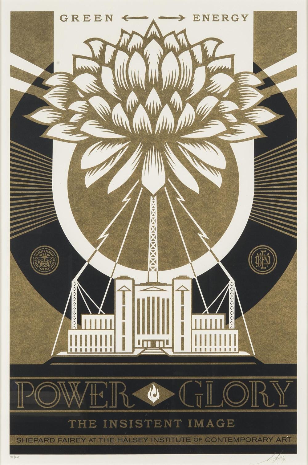 Screenprint-style poster with the words “GREEN ENERGY” above a central lotus-and-sunburst graphic over a stylized power plant, in black, white, and gold tones.