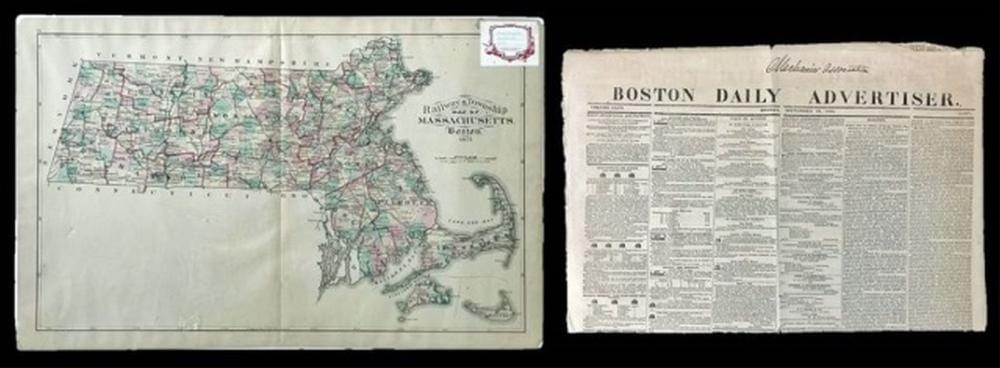 Two vintage print items side by side: a colored map on the left and a newspaper page titled “Boston Daily Advertiser” on the right.