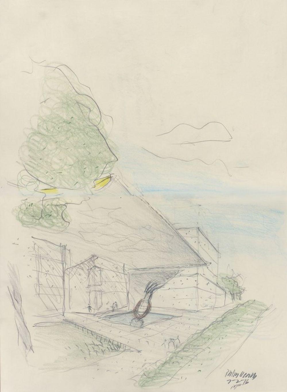 NORMAN FOSTER (B. 1935) - Sketch of Claes Oldenburg and Coosje van Bruggen’s Typewriter Eraser Scale X Sculpture at Norton Museum of Art, Palm Beach sold by Christie's, lot 39 — auction record photograph