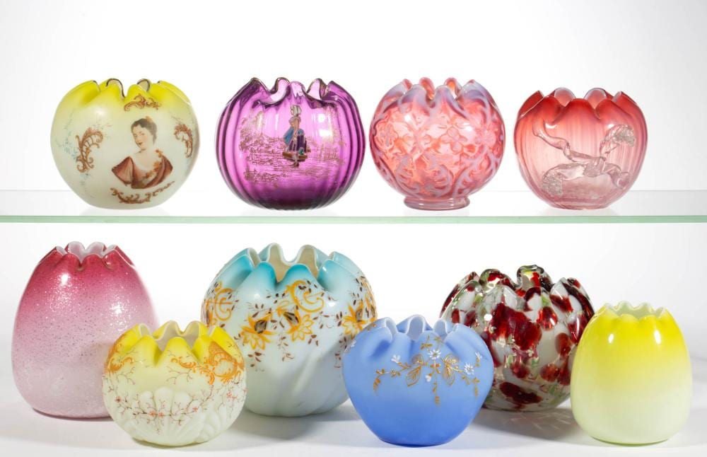 ASSORTED VICTORIAN GLASS ROSE BOWLS, LOT OF TEN sold by Jeffrey S. Evans & Associates, lot 1448 — auction record photograph