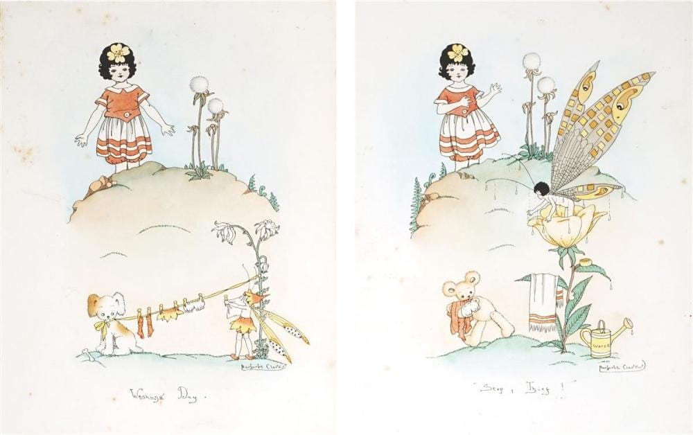 Margaret Clark comparable auction result: margaret clark 1901 2001 2 works washing day stop thief 21 x 15 5 cm each frame 36 x 51 x 2 cm