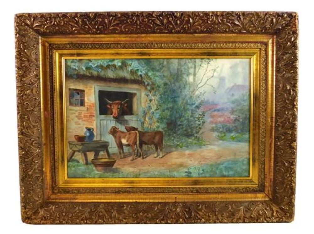 Thomas Raphael Congdon comparable auction result: thomas raphael congdon american 1862 1917 watercolor on paper laid down on board depicts mother cow in barn with two calves o