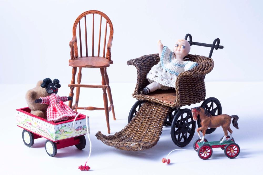 Artisan Made Wicker Baby Pram & William Clinger High Chair w/ Hand Made Baby & Toys sold by Karen's Dollhouse Shop, lot 72 — auction record photograph