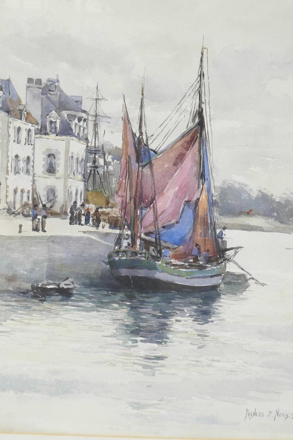 frances e nesbitt 1864 1934 sailing boats moored at a quay signed detailed verso the quay at audray brittany watercolour 10 x 14 · Crow's Auction Gallery Ltd · 2020-07-29 Frances E. Nesbitt comparable auction result: frances e nesbitt 1864 1934 sailing boats moored at a quay signed detailed verso the quay at audray brittany watercolour 10 x 14