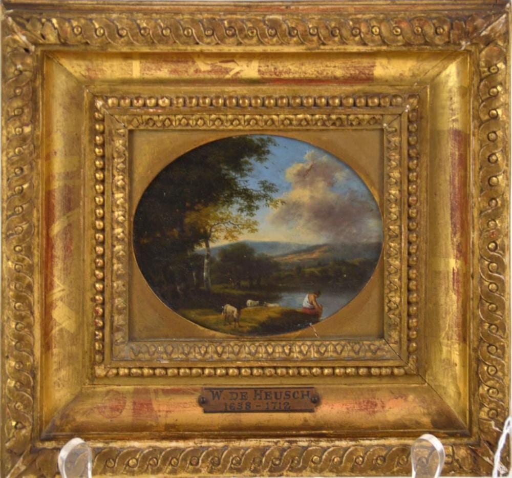 Willem de Heusch comparable auction result: willem de heusch dutch 1625 1692 miniature oil on panel painting landscape w robed figure and sheep