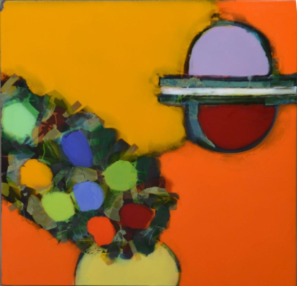 Colorful still life painting showing a vase with multicolored flowers on an orange background with a circular arc motif in the upper right.
